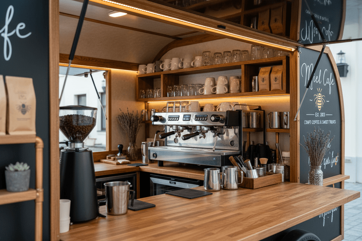 Inside view of Miel Cafe mobile coffee cart