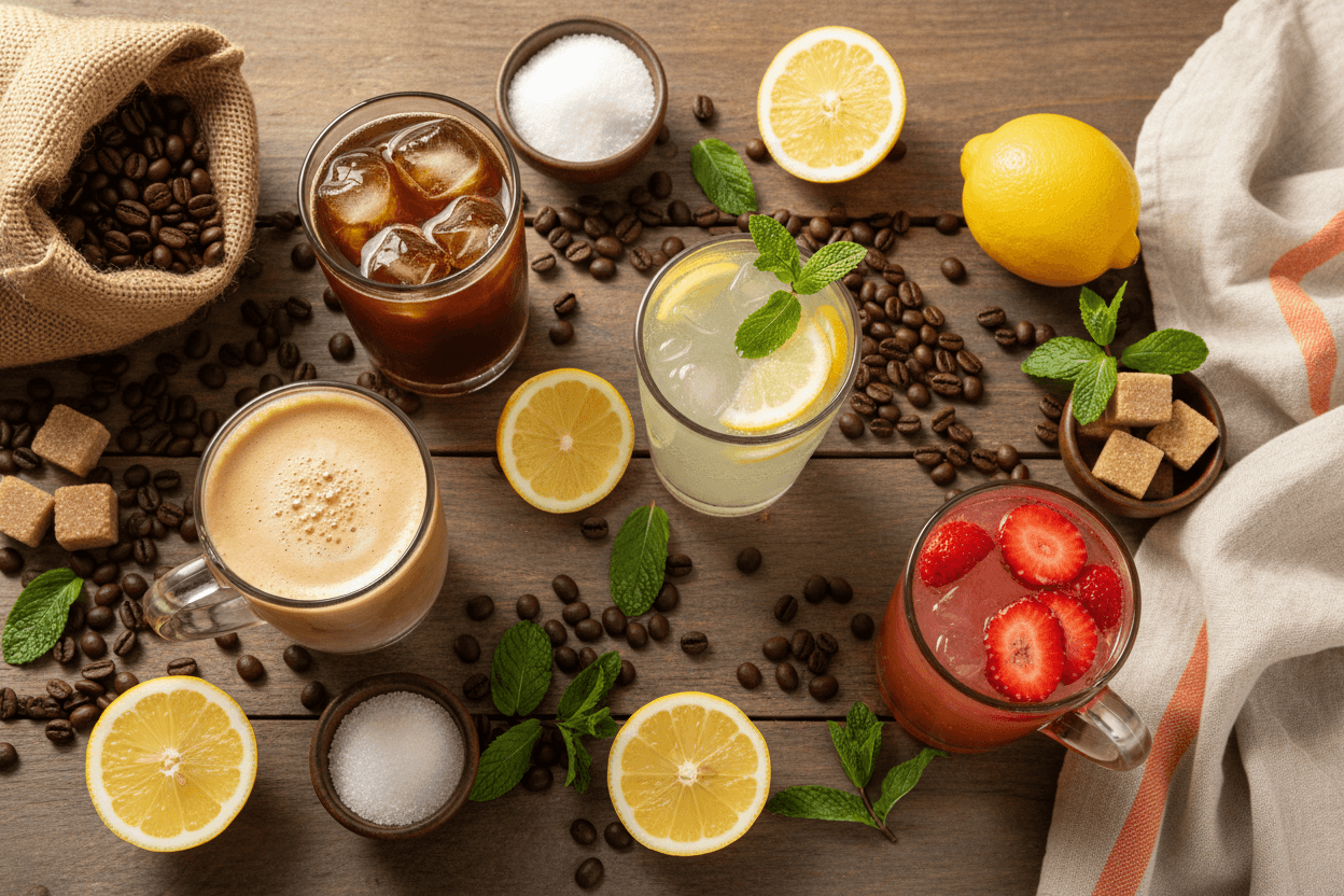 Variety of coffee and lemonade drinks from Miel Cafe
